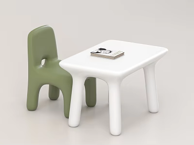 White Kids Table with Green Chair and Books for Children's Play Area 3d model