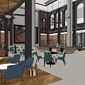 Modern Sales Office Interior Design With Chandelier Tables Chairs Columns And Brick Walls