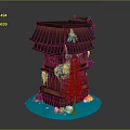 Traditional Wooden Layered Tower With Red Tiled Roof Snow Accents Red Tree Blue Snowy Base