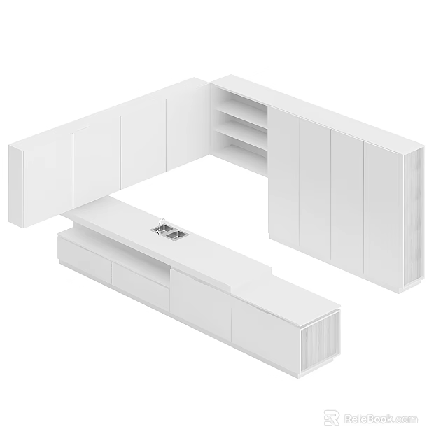 Modern White Kitchen Cabinets With Modular Design Countertop And Storage 3d model 