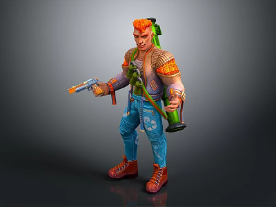 Game Movie Character With Orange Mohawk Green Backpack Leather Jacket Jeans And Pistol 3d model