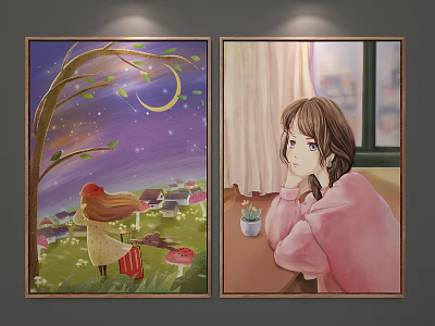 Two Character Paintings With Girl Under Moonlit Tree And Window Scene With Vase 3d model