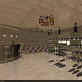 Wooden Bar Interior with Pendant Lights Bar Counter Wine Racks Wheel Decorations and Flooring