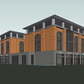 Commercial Street With Red Brick Buildings Glass Curtain Walls Pedestrians Lawn And Trees