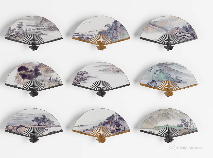 Traditional Chinese Landscape Painting Fan Pendants with Mountain Water Patterns for Wall Decor 3d model 