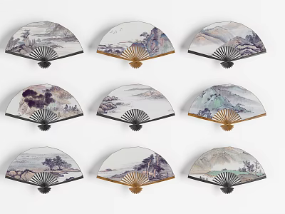 Traditional Chinese Landscape Painting Fan Pendants with Mountain Water Patterns for Wall Decor 3d model