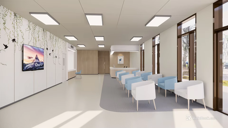 Modern Waiting Room Interior With White Blue Chairs TV And Large Windows 3d model 