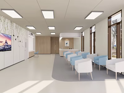 Modern Waiting Room Interior With White Blue Chairs TV And Large Windows 3d model
