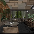 Rustic Restaurant Interior With Wooden Ceiling Hanging Green Plants Projection Screen And Wooden Tables