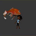 Curly Haired Little Girl Facing Big Orange Fish With Large Eyes On Dark Background