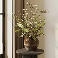 Stylish Floral Display with Fresh Flowers and Greenery in Brown Textured Vase on Small Table