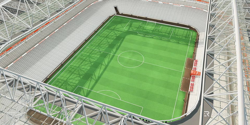 Football Stadium with Green Grass Pitch White Lines Spectator Stands and Roof Trusses 3d model 