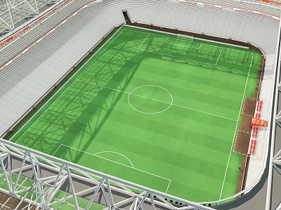 Football Stadium with Green Grass Pitch White Lines Spectator Stands and Roof Trusses 3d model