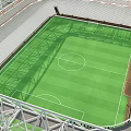 Football Stadium with Green Grass Pitch White Lines Spectator Stands and Roof Trusses
