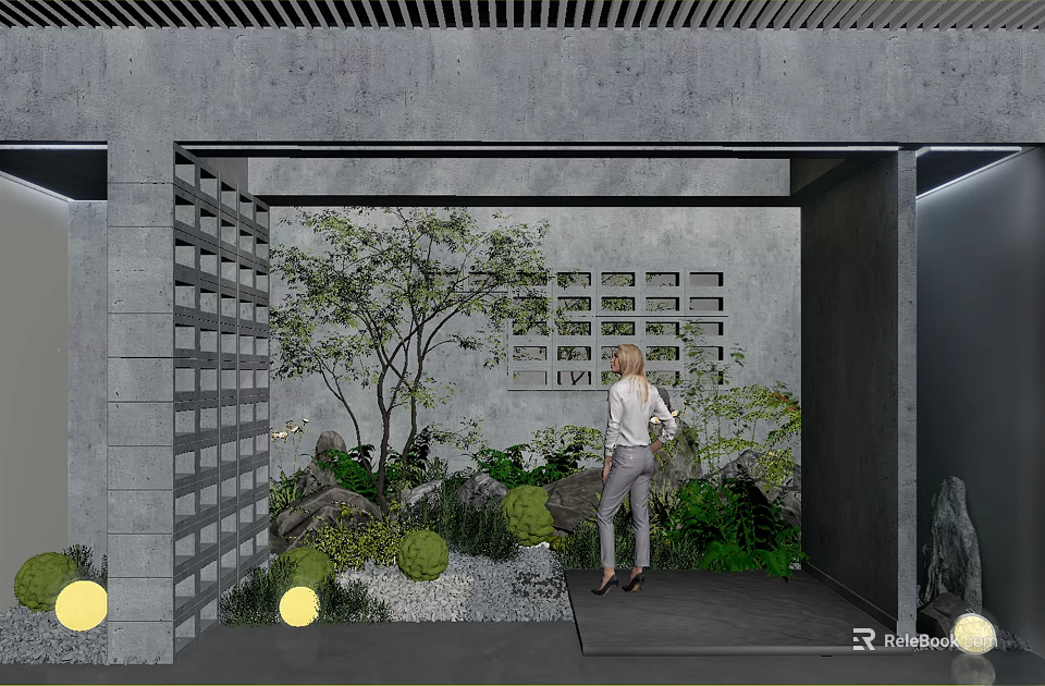 Indoor Landscape Design With Concrete Grille Structure Small Trees And Green Plants 3d model 