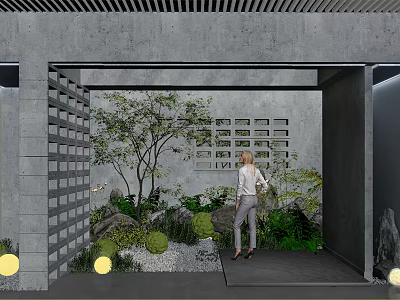 Indoor Landscape Design With Concrete Grille Structure Small Trees And Green Plants 3d model