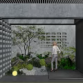 Indoor Landscape Design With Concrete Grille Structure Small Trees And Green Plants