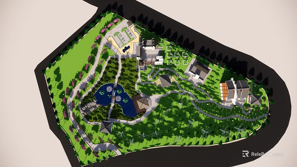 Lush Garden Landscape Design with Winding Paths Ponds and Scenic Pavilions 3d model 