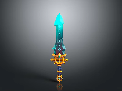 Fantasy Blue Runic Sword With Golden Decorative Hilt And Gemstone Accents 3d model