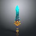 Fantasy Blue Runic Sword With Golden Decorative Hilt And Gemstone Accents