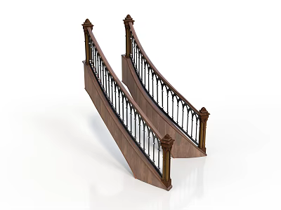 Ornate Curved Staircase Railing With Wooden Treads And Metal Balusters 3d model
