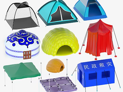 Different Types Of Colorful Camping Tents With Various Designs And Emergency Use 3d model