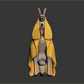 Kangaroo Standing Wearing Yellow Cloak And Red Bead Necklace Against Gray Background With Floor Reflection