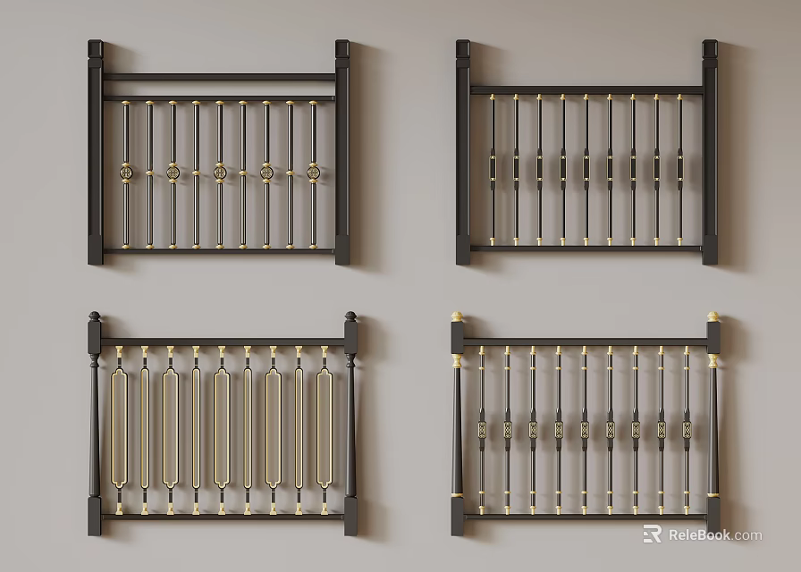 Various Design Metal Railings with Black Frame Gold Accents and Vertical Bars 3d model 