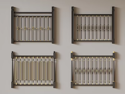 Various Design Metal Railings with Black Frame Gold Accents and Vertical Bars 3d model