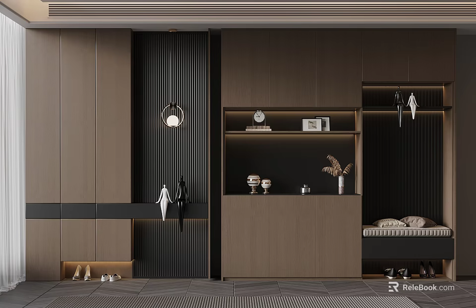 Modern Luxury Entryway With Built-in Cabinet Striped Accent Wall Pendant Light Decorative Ornaments And Daybed 3d model 