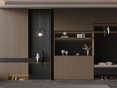 Modern Luxury Entryway With Built-in Cabinet Striped Accent Wall Pendant Light Decorative Ornaments And Daybed 3d model