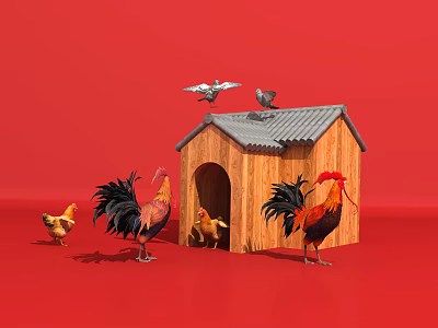 Wooden Chicken Coop With Roosters Hens And Pigeons On Red Background 3d model