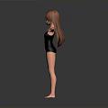 3D Anime Character With Long Brown Hair In Black Leotard Arms Outstretched