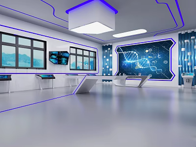 Futuristic Exhibition Hall Interior With Blue Lines Ceiling Lights Large Screen DNA Display And Windows 3d model
