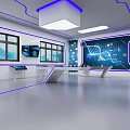 Futuristic Exhibition Hall Interior With Blue Lines Ceiling Lights Large Screen DNA Display And Windows