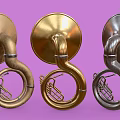 Three Silver Gold Copper French Horns Arranged On Purple Background
