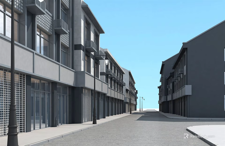 Modern Commercial Street With Stylish Buildings Spacious Road Storefronts And Street Lamps 3d model 