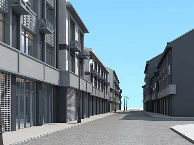 Modern Commercial Street With Stylish Buildings Spacious Road Storefronts And Street Lamps 3d model