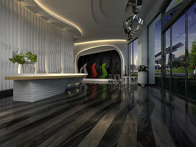 Modern Sales Office Interior Design With Reception Desk Large Windows Green Plants And Polished Floor 3d model