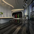 Modern Sales Office Interior Design With Reception Desk Large Windows Green Plants And Polished Floor
