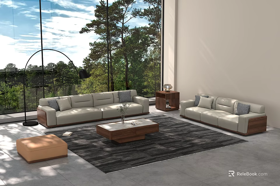 Modern Living Room With Large Windows Trees View White Sofas Wooden Coffee Table And Rug 3d model 
