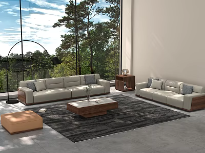 Modern Living Room With Large Windows Trees View White Sofas Wooden Coffee Table And Rug 3d model
