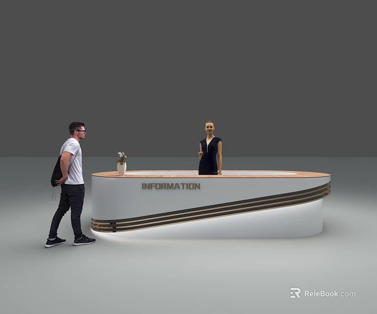 Curved Information Reception Desk With Staff Assisting Visitor In Lobby Area 3d model 