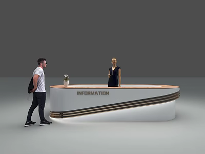 Curved Information Reception Desk With Staff Assisting Visitor In Lobby Area 3d model
