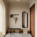 Modern Entryway With Wall Mounted Coat Rack Arched Mirror Wooden Bench And Neutral Wall