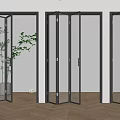 Modern Glass Folding Doors With Black Frame And Green Plants On Light Wall Wooden Floor