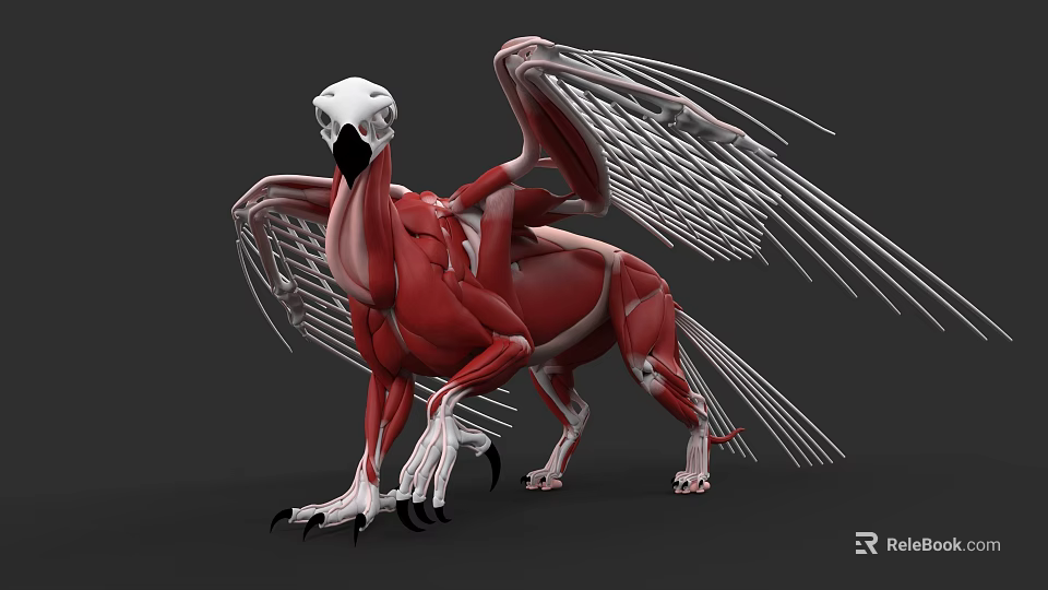 Mythical Flying Griffin Creature With Detailed Muscular Body And Skeletal Wings 3d model 