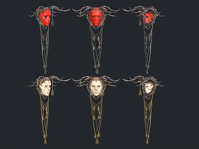 Ornate Decorative Pendants With Red And Light Face Motifs Intricate Lines Gold Silver Chains Tassels 3d model