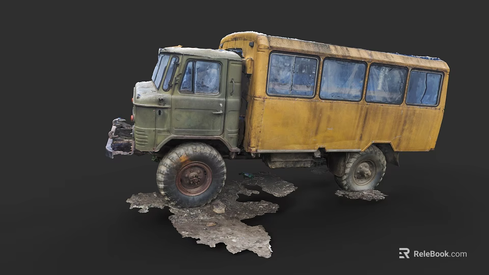 Old Rusty Military Green Truck With Yellow Body And Large Tires On Muddy Ground 3d model 