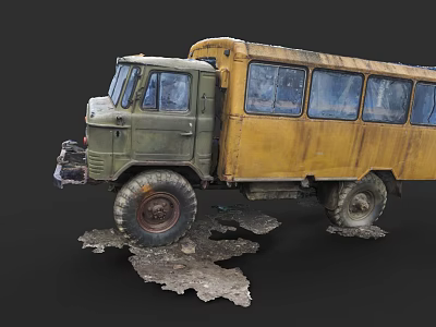 Old Rusty Military Green Truck With Yellow Body And Large Tires On Muddy Ground 3d model